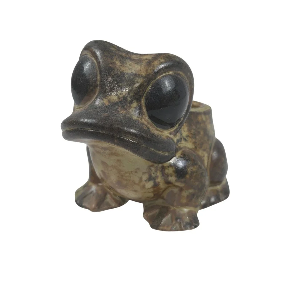 Vtg 70s Big Eyed Frog Glazed Pottery Planter Figurine Brown Small Succulent Pot